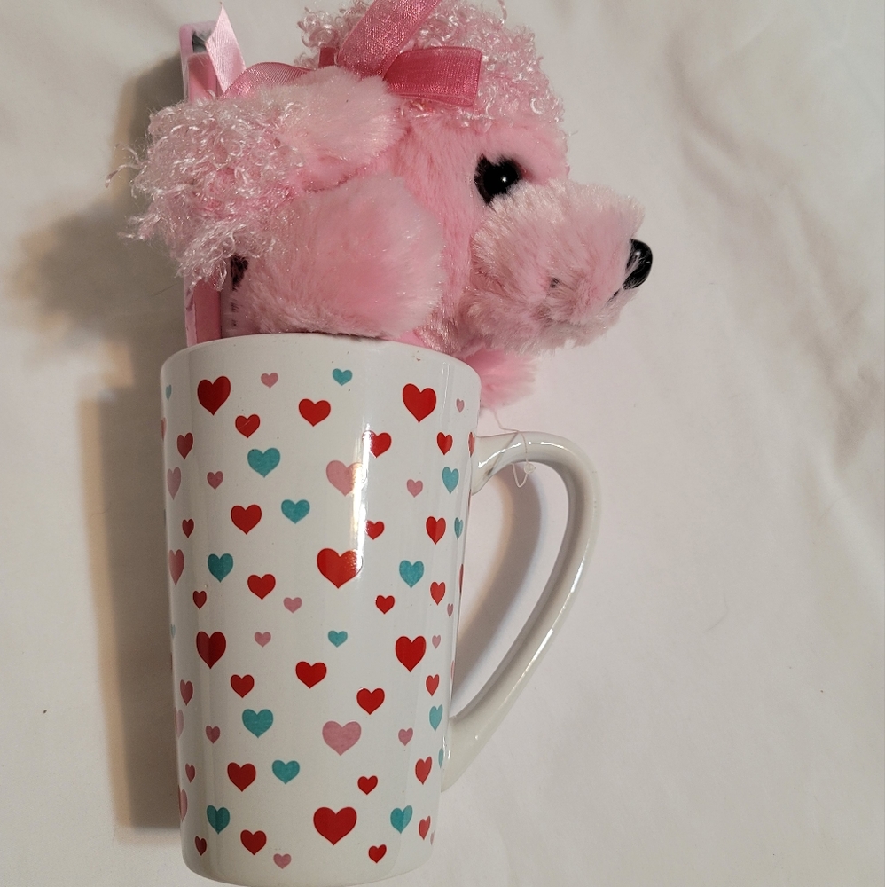 Pink Plush Dog With Heart To Heart Mug and accessories